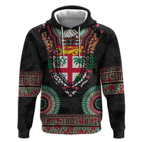 Fiji Coat of Arms Traditional Dashiki Hoodie Tapa Art and Palm Leaves Pattern Black Color - Polynesian Pride