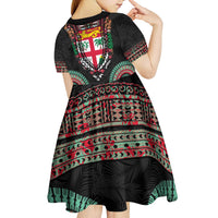 Fiji Coat of Arms Traditional Dashiki Kid Short Sleeve Dress Tapa Art and Palm Leaves Pattern Black Color - Polynesian Pride