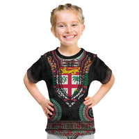 Fiji Coat of Arms Traditional Dashiki Kid T Shirt Tapa Art and Palm Leaves Pattern Black Color - Polynesian Pride