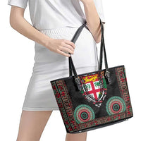 Fiji Coat of Arms Traditional Dashiki Leather Tote Bag Tapa Art and Palm Leaves Pattern Black Color - Polynesian Pride