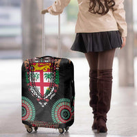 Fiji Coat of Arms Traditional Dashiki Luggage Cover Tapa Art and Palm Leaves Pattern Black Color - Polynesian Pride