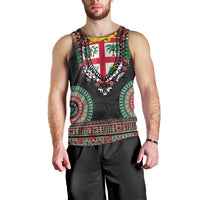 Fiji Coat of Arms Traditional Dashiki Men Tank Top Tapa Art and Palm Leaves Pattern Black Color - Polynesian Pride