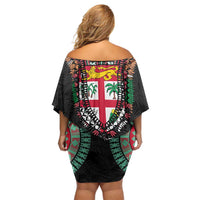 Fiji Coat of Arms Traditional Dashiki Off Shoulder Short Dress Tapa Art and Palm Leaves Pattern Black Color - Polynesian Pride
