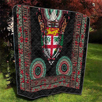 Fiji Coat of Arms Traditional Dashiki Quilt Tapa Art and Palm Leaves Pattern Black Color - Polynesian Pride