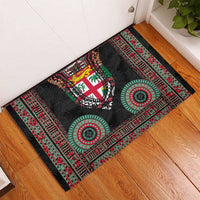 Fiji Coat of Arms Traditional Dashiki Rubber Doormat Tapa Art and Palm Leaves Pattern Black Color LT03 - Polynesian Pride