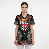 Fiji Coat of Arms Traditional Dashiki Scrub Top Tapa Art and Palm Leaves Pattern Black Color - Polynesian Pride