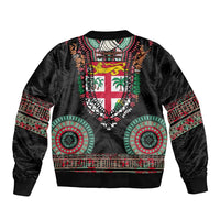 Fiji Coat of Arms Traditional Dashiki Sleeve Zip Bomber Jacket Tapa Art and Palm Leaves Pattern Black Color - Polynesian Pride