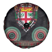 Fiji Coat of Arms Traditional Dashiki Spare Tire Cover Tapa Art and Palm Leaves Pattern Black Color - Polynesian Pride