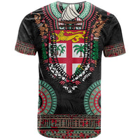 Fiji Coat of Arms Traditional Dashiki T Shirt Tapa Art and Palm Leaves Pattern Black Color - Polynesian Pride