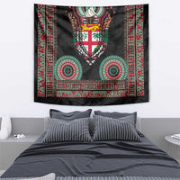 Fiji Coat of Arms Traditional Dashiki Tapestry Tapa Art and Palm Leaves Pattern Black Color - Polynesian Pride