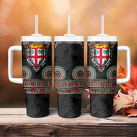 Fiji Coat of Arms Traditional Dashiki Tumbler With Handle Tapa Art and Palm Leaves Pattern Black Color - Polynesian Pride