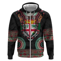 Fiji Coat of Arms Traditional Dashiki Zip Hoodie Tapa Art and Palm Leaves Pattern Black Color - Polynesian Pride