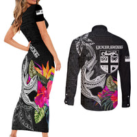Custom Polynesian Fiji Couples Matching Short Sleeve Bodycon Dress and Long Sleeve Button Shirts Shark and Hibiscus Tapa Pattern Version LT03 - Polynesian Pride