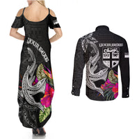 Custom Polynesian Fiji Couples Matching Summer Maxi Dress and Long Sleeve Button Shirts Shark and Hibiscus Tapa Pattern Version LT03 - Polynesian Pride