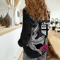 Custom Polynesian Fiji Women Casual Shirt Shark and Hibiscus Tapa Pattern Version LT03 - Polynesian Pride