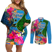 Malampa Fiji Day Couples Matching Off Shoulder Short Dress and Long Sleeve Button Shirts Tropical Plants Mix Polynesian and Tapa Pattern LT03 Blue - Polynesian Pride