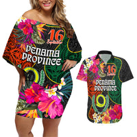 Penama Day Couples Matching Off Shoulder Short Dress and Hawaiian Shirt 16th September Polynesian Pattern with Pacific Flower LT03 Black - Polynesian Pride
