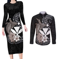 Hawaiian Whale and Kanaka Maoli Symbol Couples Matching Long Sleeve Bodycon Dress and Long Sleeve Button Shirt Hibiscus with Hawaii Map and Polynesian Tattoo Grayscale Color
