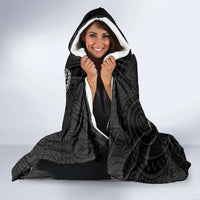 Hawaiian Whale and Kanaka Maoli Symbol Hooded Blanket Hibiscus with Hawaii Map and Polynesian Tattoo Grayscale Color