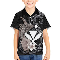 Hawaiian Whale and Kanaka Maoli Symbol Kid Hawaiian Shirt Hibiscus with Hawaii Map and Polynesian Tattoo Grayscale Color