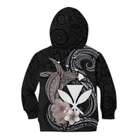 Hawaiian Whale and Kanaka Maoli Symbol Kid Hoodie Hibiscus with Hawaii Map and Polynesian Tattoo Grayscale Color
