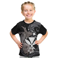 Hawaiian Whale and Kanaka Maoli Symbol Kid T Shirt Hibiscus with Hawaii Map and Polynesian Tattoo Grayscale Color
