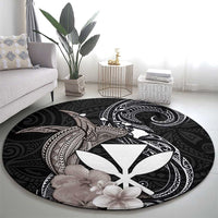 Hawaiian Whale and Kanaka Maoli Symbol Round Carpet Hibiscus with Hawaii Map and Polynesian Tattoo Grayscale Color