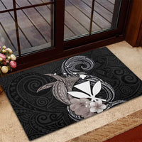 Hawaiian Whale and Kanaka Maoli Symbol Rubber Doormat Hibiscus with Hawaii Map and Polynesian Tattoo Grayscale Color