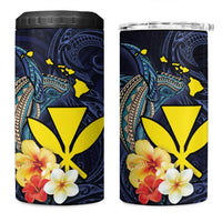 Hawaiian Whale and Kanaka Maoli Symbol 4 in 1 Can Cooler Tumbler Hibiscus with Hawaii Map and Polynesian Tattoo Deep Sea Color