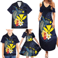 Hawaiian Whale and Kanaka Maoli Symbol Family Matching Summer Maxi Dress and Hawaiian Shirt Hibiscus with Hawaii Map and Polynesian Tattoo Deep Sea Color