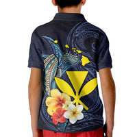 Hawaiian Whale and Kanaka Maoli Symbol Kid Polo Shirt Hibiscus with Hawaii Map and Polynesian Tattoo Deep Sea Color