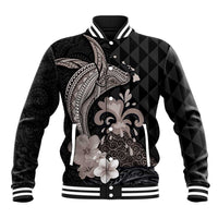 Hawaiian Whale and Volcanic Eruption Baseball Jacket Hibiscus and Kakau Pattern Grayscale Color