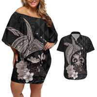 Hawaiian Whale and Volcanic Eruption Couples Matching Off Shoulder Short Dress and Hawaiian Shirt Hibiscus and Kakau Pattern Grayscale Color