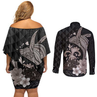 Hawaiian Whale and Volcanic Eruption Couples Matching Off Shoulder Short Dress and Long Sleeve Button Shirt Hibiscus and Kakau Pattern Grayscale Color