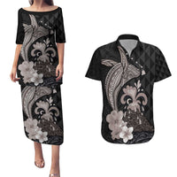Hawaiian Whale and Volcanic Eruption Couples Matching Puletasi and Hawaiian Shirt Hibiscus and Kakau Pattern Grayscale Color