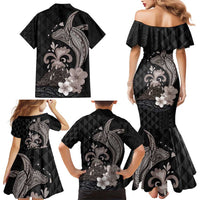 Hawaiian Whale and Volcanic Eruption Family Matching Mermaid Dress and Hawaiian Shirt Hibiscus and Kakau Pattern Grayscale Color