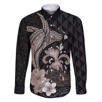 Hawaiian Whale and Volcanic Eruption Family Matching Puletasi and Hawaiian Shirt Hibiscus and Kakau Pattern Grayscale Color