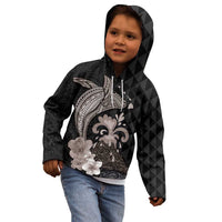 Hawaiian Whale and Volcanic Eruption Kid Hoodie Hibiscus and Kakau Pattern Grayscale Color