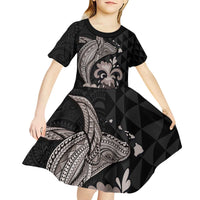 Hawaiian Whale and Volcanic Eruption Kid Short Sleeve Dress Hibiscus and Kakau Pattern Grayscale Color