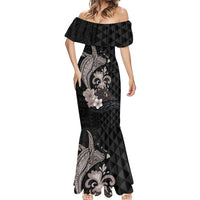 Hawaiian Whale and Volcanic Eruption Mermaid Dress Hibiscus and Kakau Pattern Grayscale Color