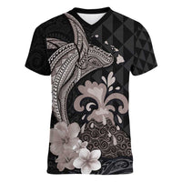 Hawaiian Whale and Volcanic Eruption Women V-Neck T-Shirt Hibiscus and Kakau Pattern Grayscale Color