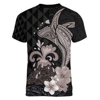 Hawaiian Whale and Volcanic Eruption Women V-Neck T-Shirt Hibiscus and Kakau Pattern Grayscale Color