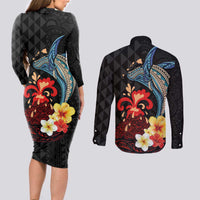Hawaiian Whale and Volcanic Eruption Couples Matching Long Sleeve Bodycon Dress and Long Sleeve Button Shirt Hibiscus and Kakau Pattern