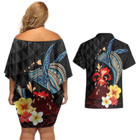 Hawaiian Whale and Volcanic Eruption Couples Matching Off Shoulder Short Dress and Hawaiian Shirt Hibiscus and Kakau Pattern
