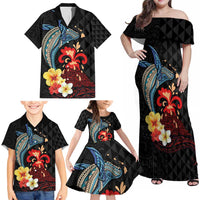 Hawaiian Whale and Volcanic Eruption Family Matching Off Shoulder Maxi Dress and Hawaiian Shirt Hibiscus and Kakau Pattern LT03 - Polynesian Pride