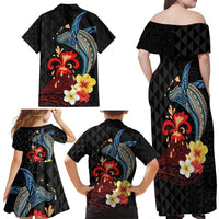 Hawaiian Whale and Volcanic Eruption Family Matching Off Shoulder Maxi Dress and Hawaiian Shirt Hibiscus and Kakau Pattern LT03 - Polynesian Pride