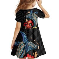 Hawaiian Whale and Volcanic Eruption Kid Short Sleeve Dress Hibiscus and Kakau Pattern