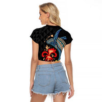 Hawaiian Whale and Volcanic Eruption Raglan Cropped T Shirt Hibiscus and Kakau Pattern