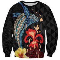Hawaiian Whale and Volcanic Eruption Sweatshirt Hibiscus and Kakau Pattern