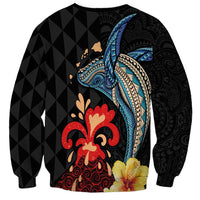 Hawaiian Whale and Volcanic Eruption Sweatshirt Hibiscus and Kakau Pattern
